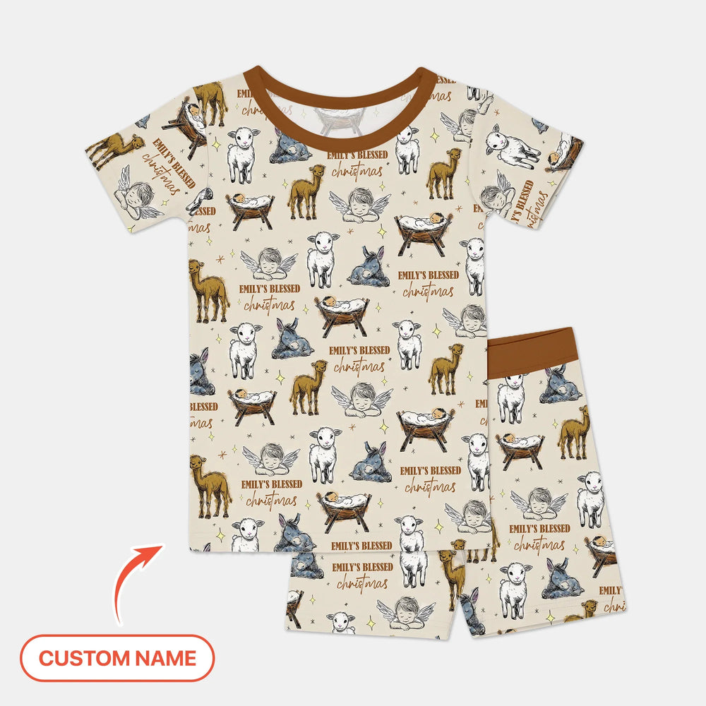 Custom Name Baby Blessed Christmas Two Piece Short Sleeve Shorts Pajama Set , Custom Name Baby Blessed Christmas Two Piece Short Sleeve Shorts Pajama Set - 12-18M