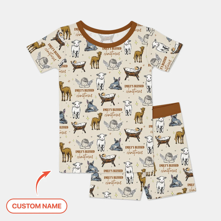 Custom Name Baby Blessed Christmas Two Piece Short Sleeve Shorts Pajama Set , Custom Name Baby Blessed Christmas Two Piece Short Sleeve Shorts Pajama Set - 12-18M
