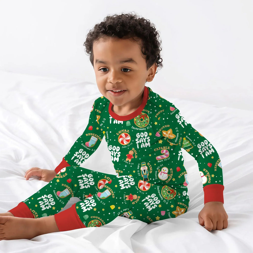 Merry Christmas God Says I Am Boy Two Piece Long Sleeve Pajama Set , Merry Christmas God Says I Am Boy Two Piece Long Sleeve Pajama Set - 12-18M