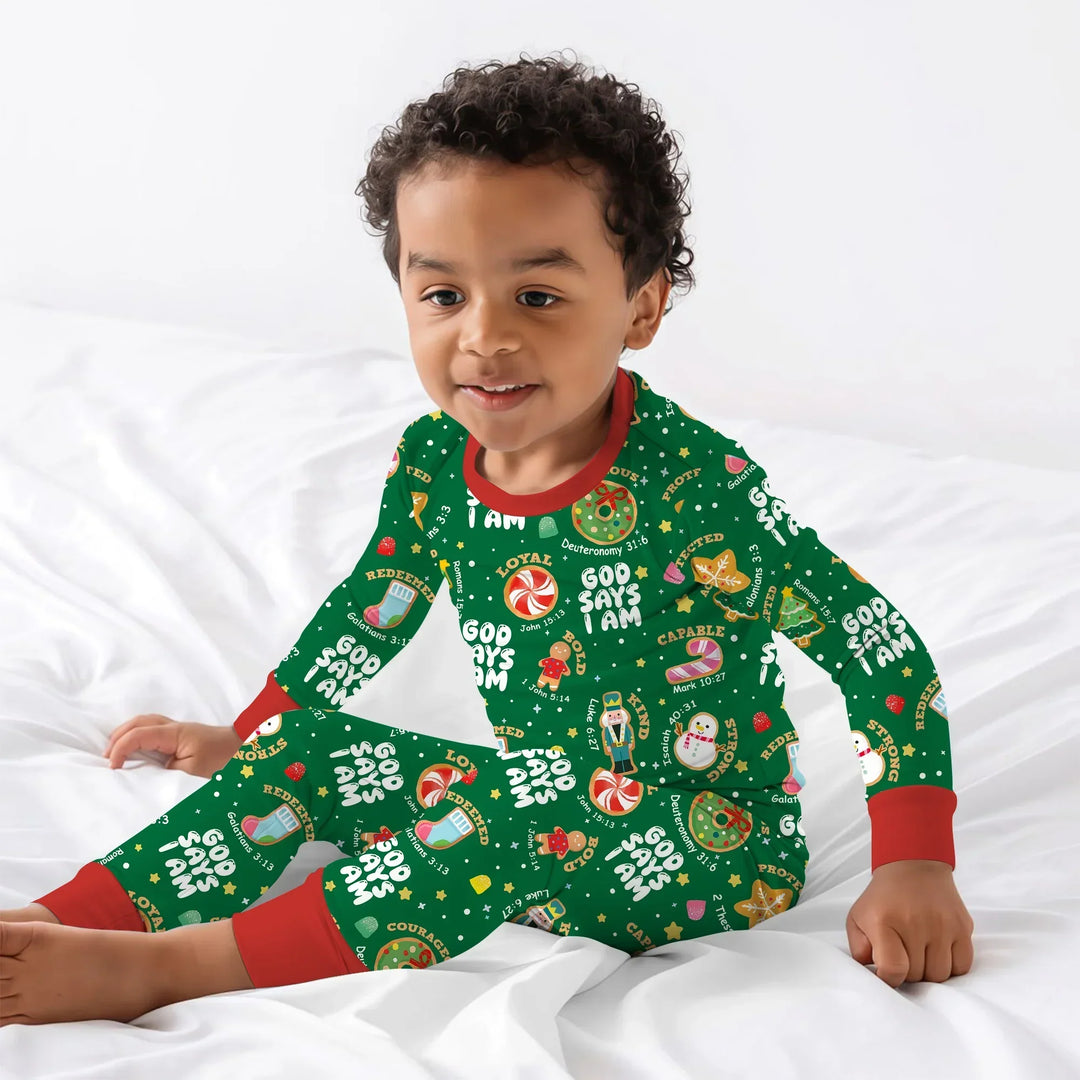 Merry Christmas God Says I Am Boy Two Piece Long Sleeve Pajama Set , Merry Christmas God Says I Am Boy Two Piece Long Sleeve Pajama Set - 12-18M