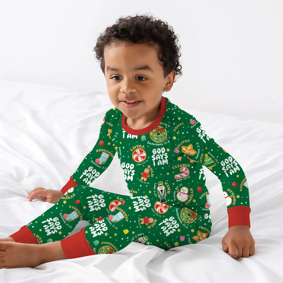 Merry Christmas God Says I Am Boy Two Piece Long Sleeve Pajama Set , Merry Christmas God Says I Am Boy Two Piece Long Sleeve Pajama Set - 12-18M