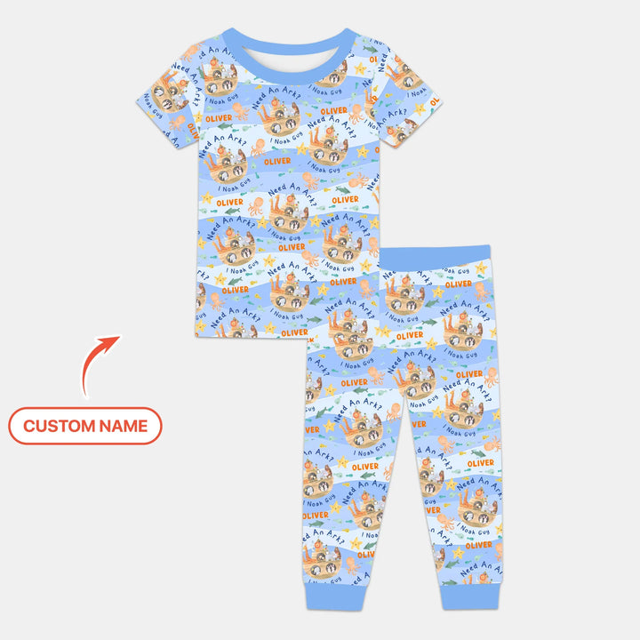 Noah’s Ark Custom Name Boy Two Piece Short Sleeve Pajama Set , Noah’s Ark Custom Name Boy Two Piece Short Sleeve Pajama Set - 12-18M