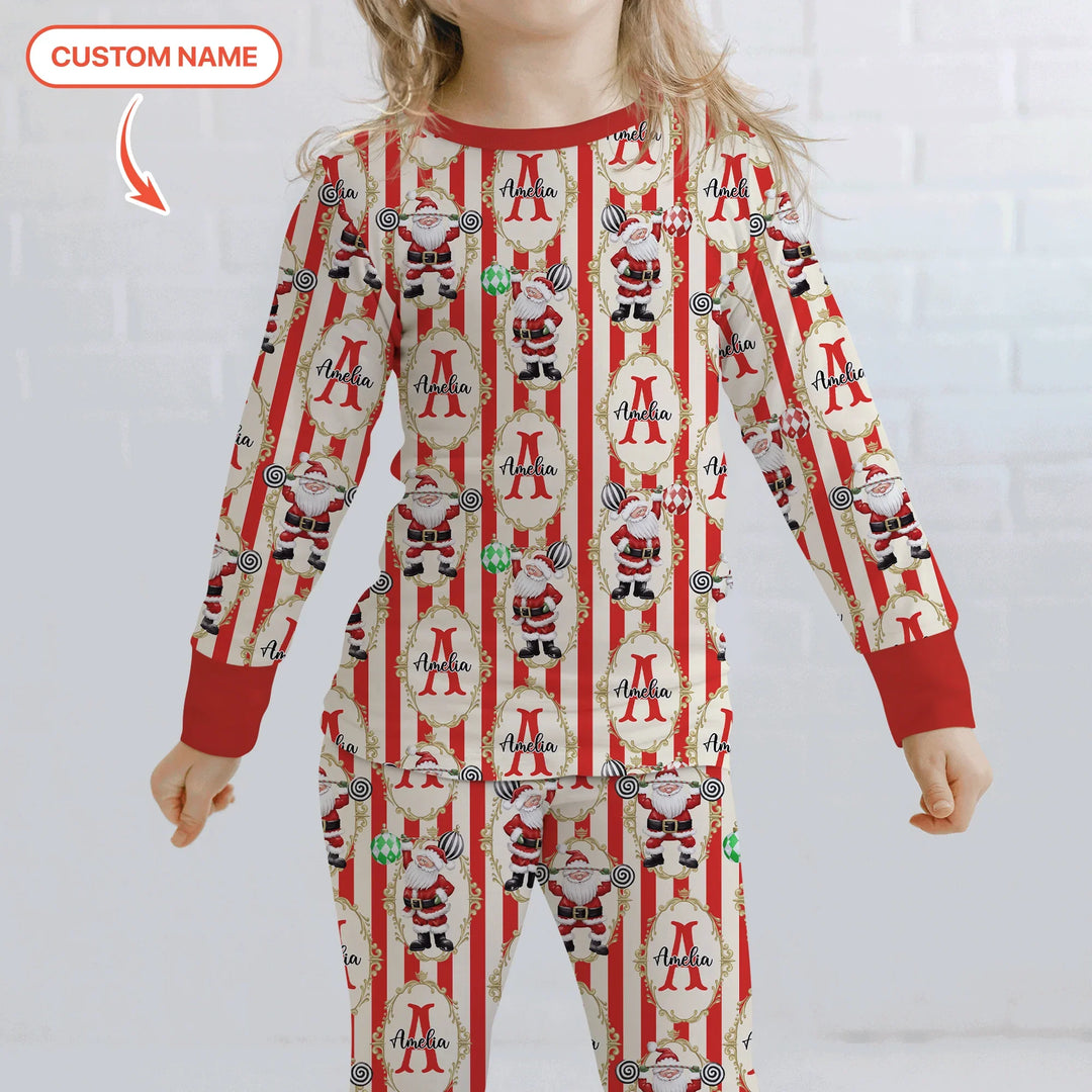 Custom Name Santa Stripes Two Piece Long Sleeve Pajama Set