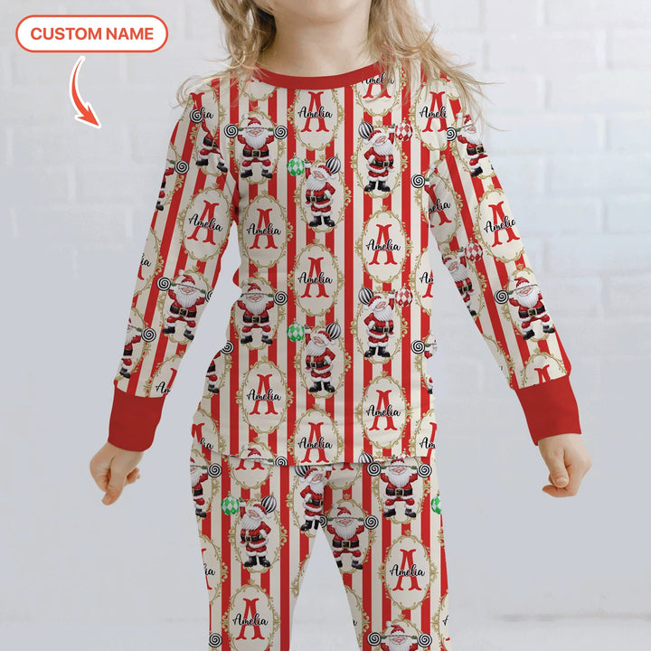 Custom Name Santa Stripes Two Piece Long Sleeve Pajama Set