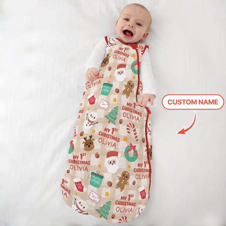 Custom Name My First Christmas Mocha Gingham Sleep Bag , Custom Name My First Christmas Mocha Gingham Sleep Bag - XS / 0.5 TOG