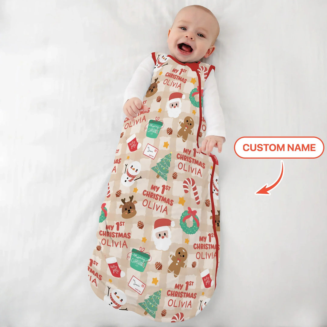 Custom Name My First Christmas Mocha Gingham Sleep Bag , Custom Name My First Christmas Mocha Gingham Sleep Bag - XS / 0.5 TOG