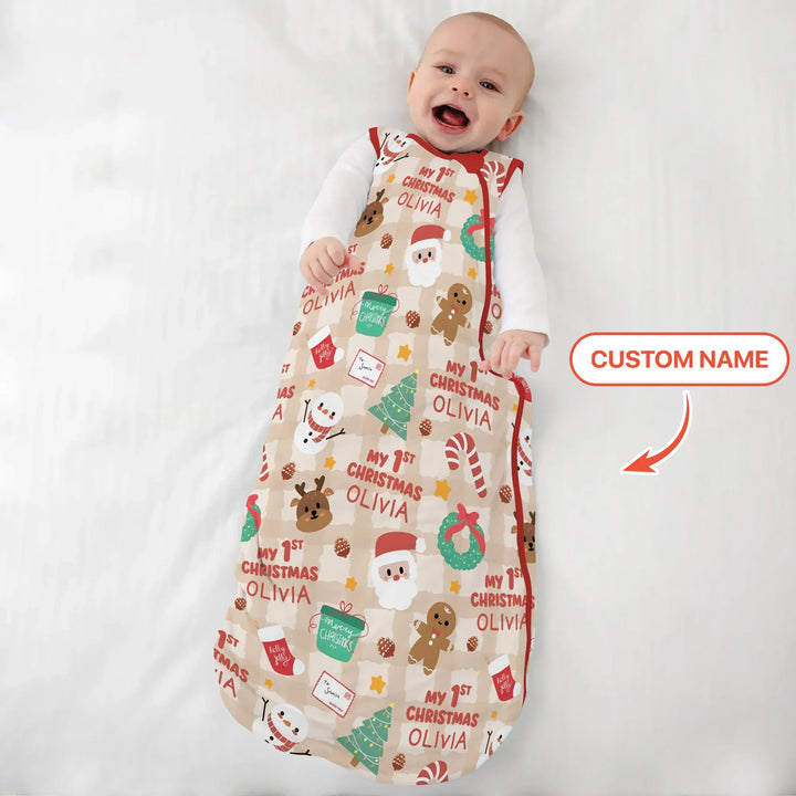 Custom Name My First Christmas Mocha Gingham Sleep Bag , Custom Name My First Christmas Mocha Gingham Sleep Bag - XS / 0.5 TOG