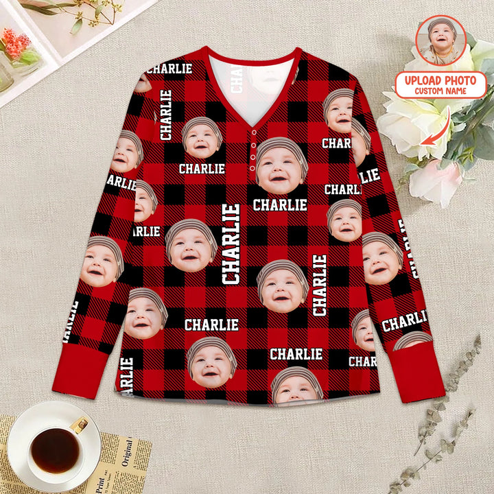 Custom Photo & Name Christmas Plaid Women Pajama Set , Custom Photo & Name Christmas Plaid Women Pajama Set - Only Shirt / S