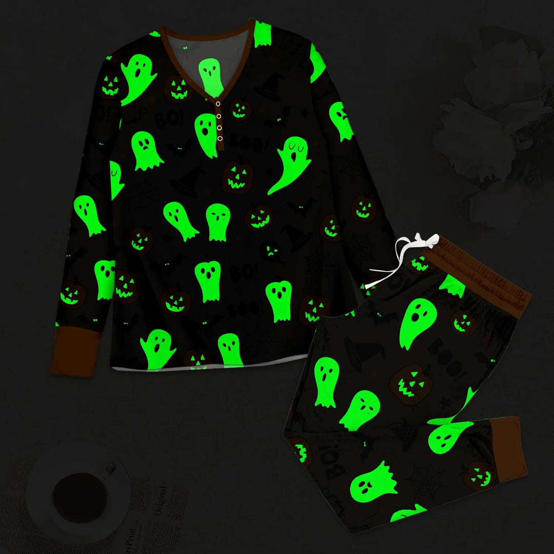 Halloween Boo & Pumpkin Glow In The Dark Women Pajama Set , Halloween Boo & Pumpkin Glow In The Dark Women Pajama Set - S