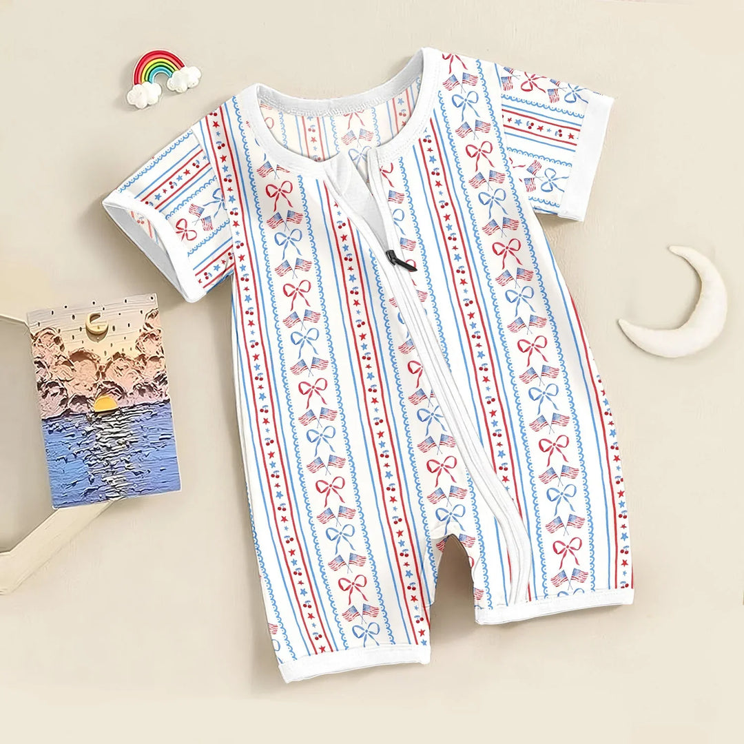 Bow and Flag Shorty Zippered Romper , Bow and Flag Shorty Zippered Romper - Newborn