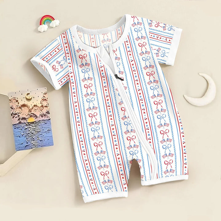 Bow and Flag Shorty Zippered Romper , Bow and Flag Shorty Zippered Romper - Newborn