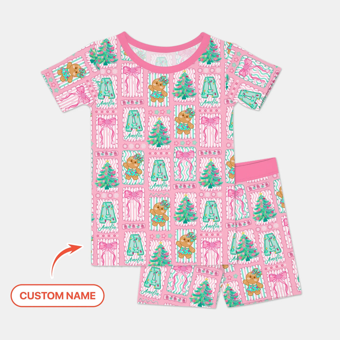 Custom Name "Merry Pink Christmas" Two Piece Short Sleeve Shorts Pajama Set , Custom Name "Merry Pink Christmas" Two Piece Short Sleeve Shorts Pajama Set - 12-18M