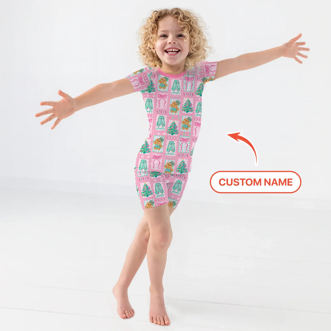 Custom Name "Merry Pink Christmas" Two Piece Short Sleeve Shorts Pajama Set , Custom Name "Merry Pink Christmas" Two Piece Short Sleeve Shorts Pajama Set - 12-18M