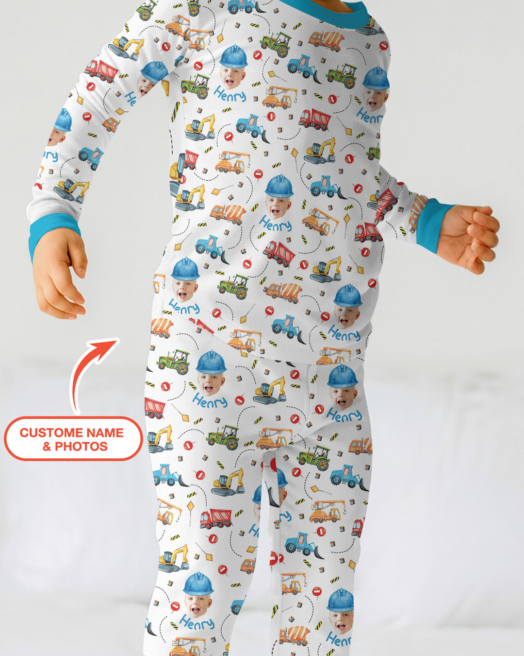 Custom Photo Little Construction Heroes Two Piece Long Sleeve Pajama Set