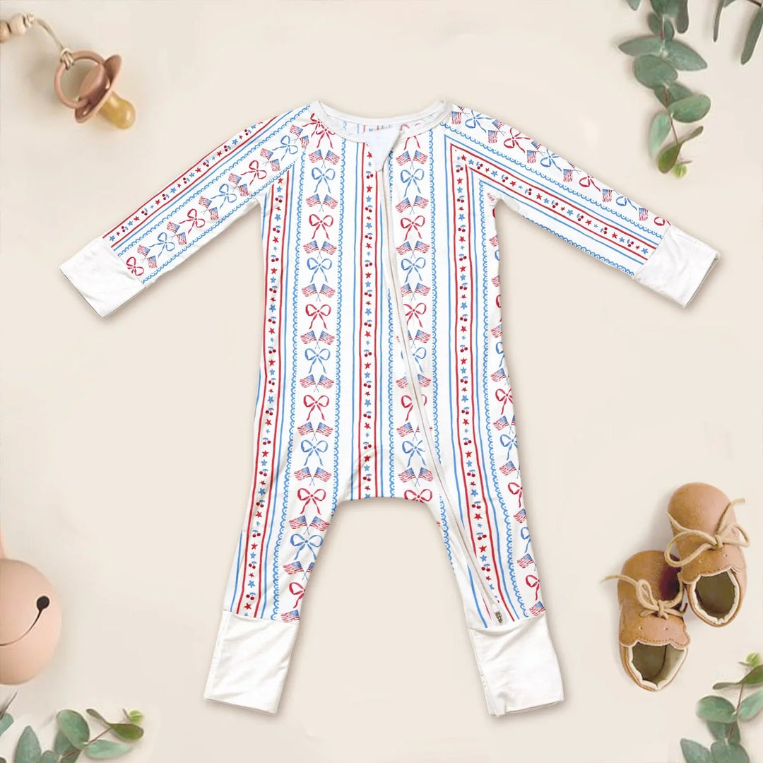 Bow and Flag Convertible Zippered Romper , Bow and Flag Convertible Zippered Romper - Newborn