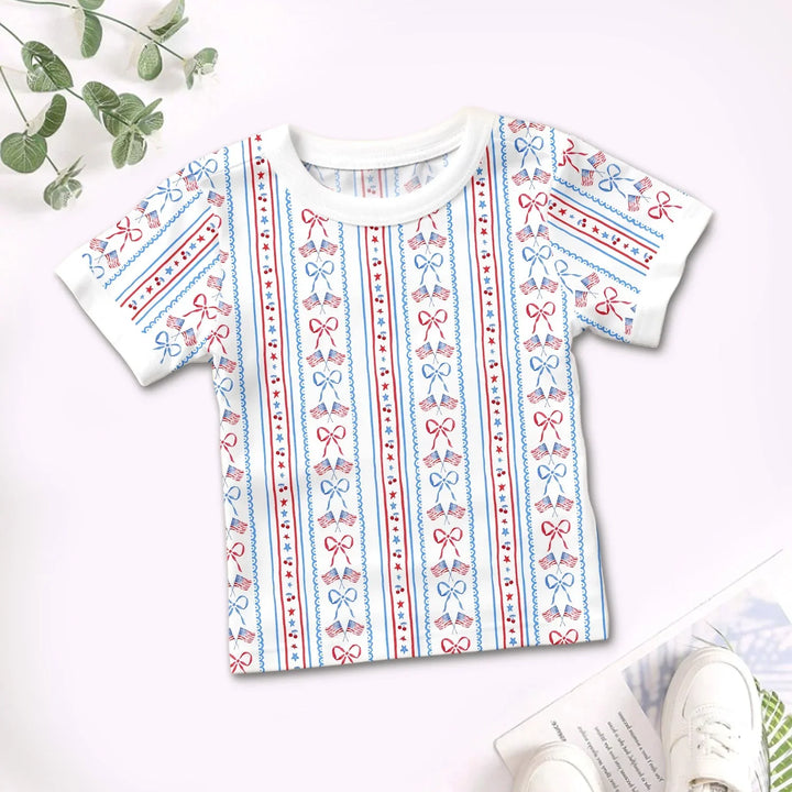 Bow and Flag Two Piece Short Sleeve Shorts Pajama Set , Bow and Flag Two Piece Short Sleeve Shorts Pajama Set - 12-18M