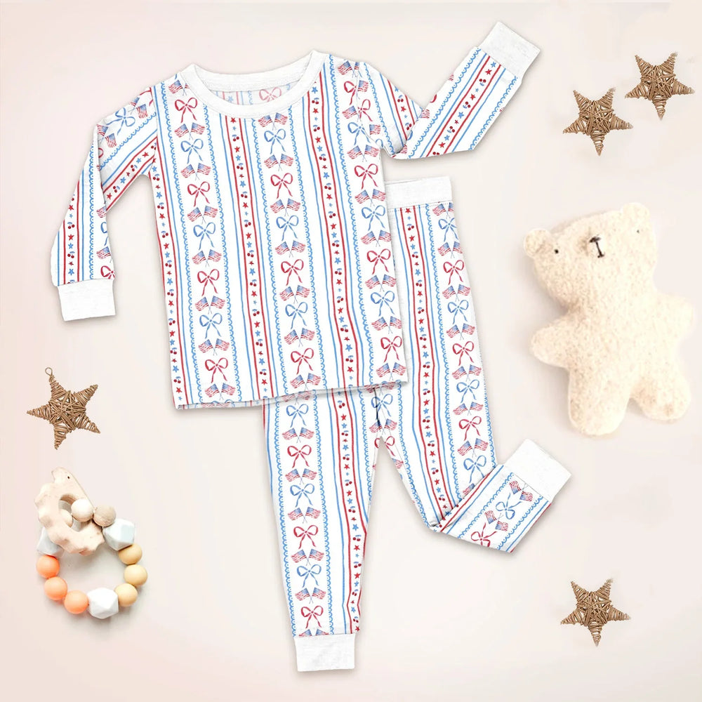 Bow and Flag Two Piece Long Sleeve Pajama Set , Bow and Flag Two Piece Long Sleeve Pajama Set - 12-18M