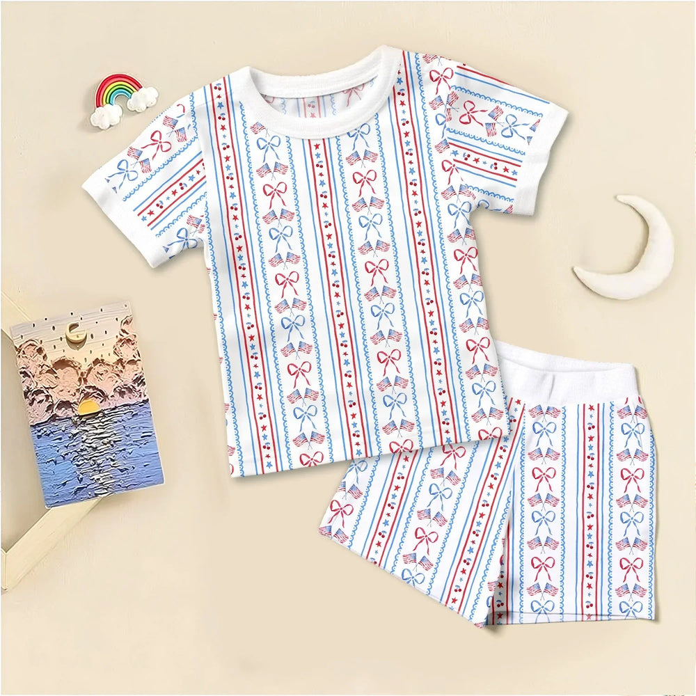 Bow and Flag Two Piece Short Sleeve Shorts Pajama Set , Bow and Flag Two Piece Short Sleeve Shorts Pajama Set - 12-18M