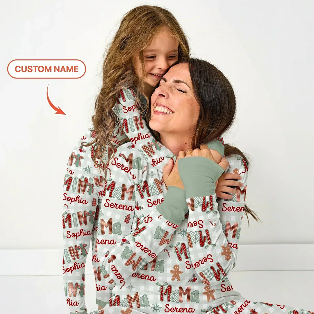 Custom Name Mama Mini Matching Christmas Women Pajama Set (Green) , Custom Name Mama Mini Matching Christmas Women Pajama Set (Green) - Only Shirt / S