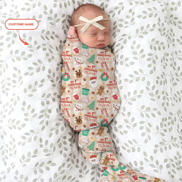 Custom Name My First Christmas Mocha Gingham Swaddle Blanket , Custom Name My First Christmas Mocha Gingham Swaddle Blanket - Default Title