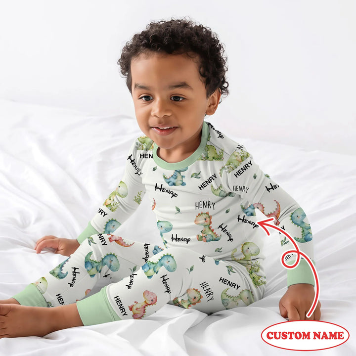 Dinosaur Custom Name Two Piece Long Sleeve Pajama Set , Dinosaur Custom Name Two Piece Long Sleeve Pajama Set - 12-18M