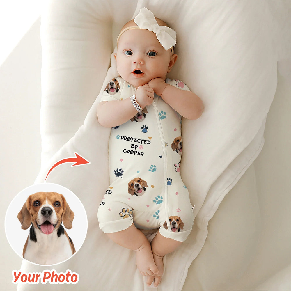Custom Dog Photo Pattern "Protected By" Shorty Zippered Romper , Custom Dog Photo Pattern "Protected By" Shorty Zippered Romper - 0-3M