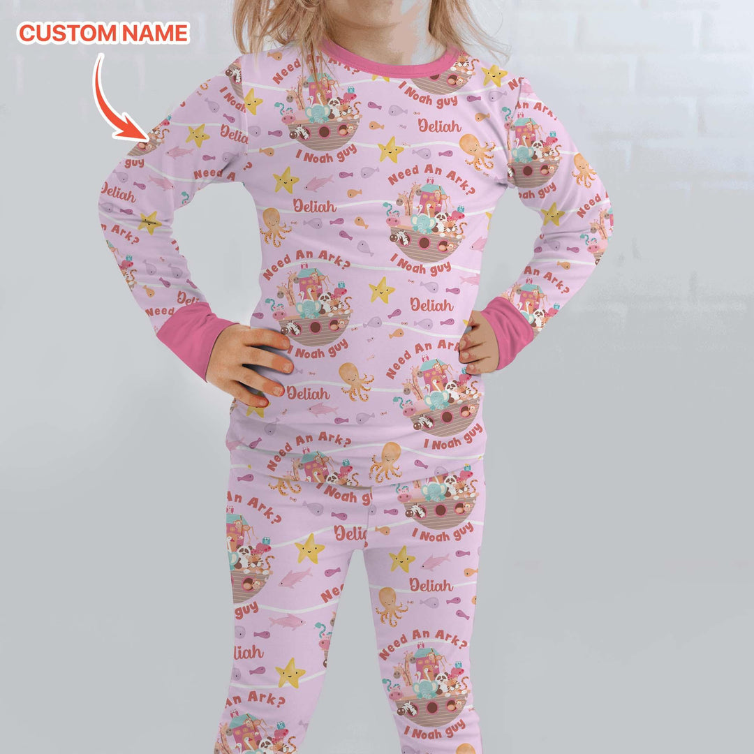 Noah’s Ark Custom Name Girl Two Piece Long Sleeve Pajama Set , Noah’s Ark Custom Name Girl Two Piece Long Sleeve Pajama Set - 12-18M