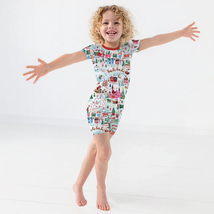 Santa's City Maps Two Piece Short Sleeve Shorts Pajama Set , Santa's City Maps Two Piece Short Sleeve Shorts Pajama Set - 12-18M / Red