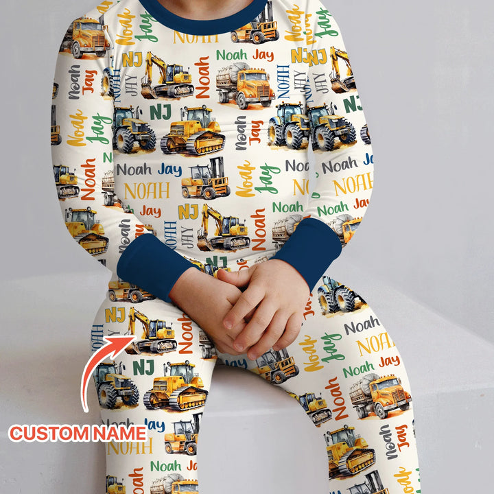 Custom Name Construction Trucks Two Piece Long Sleeve Pajama Set , Custom Name Construction Trucks Two Piece Long Sleeve Pajama Set - 12-18M