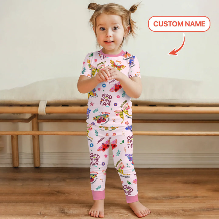 Custom Name God says I am Butterfly Two Piece Short Sleeve Pajama Set , Custom Name God says I am Butterfly Two Piece Short Sleeve Pajama Set - 12-18M