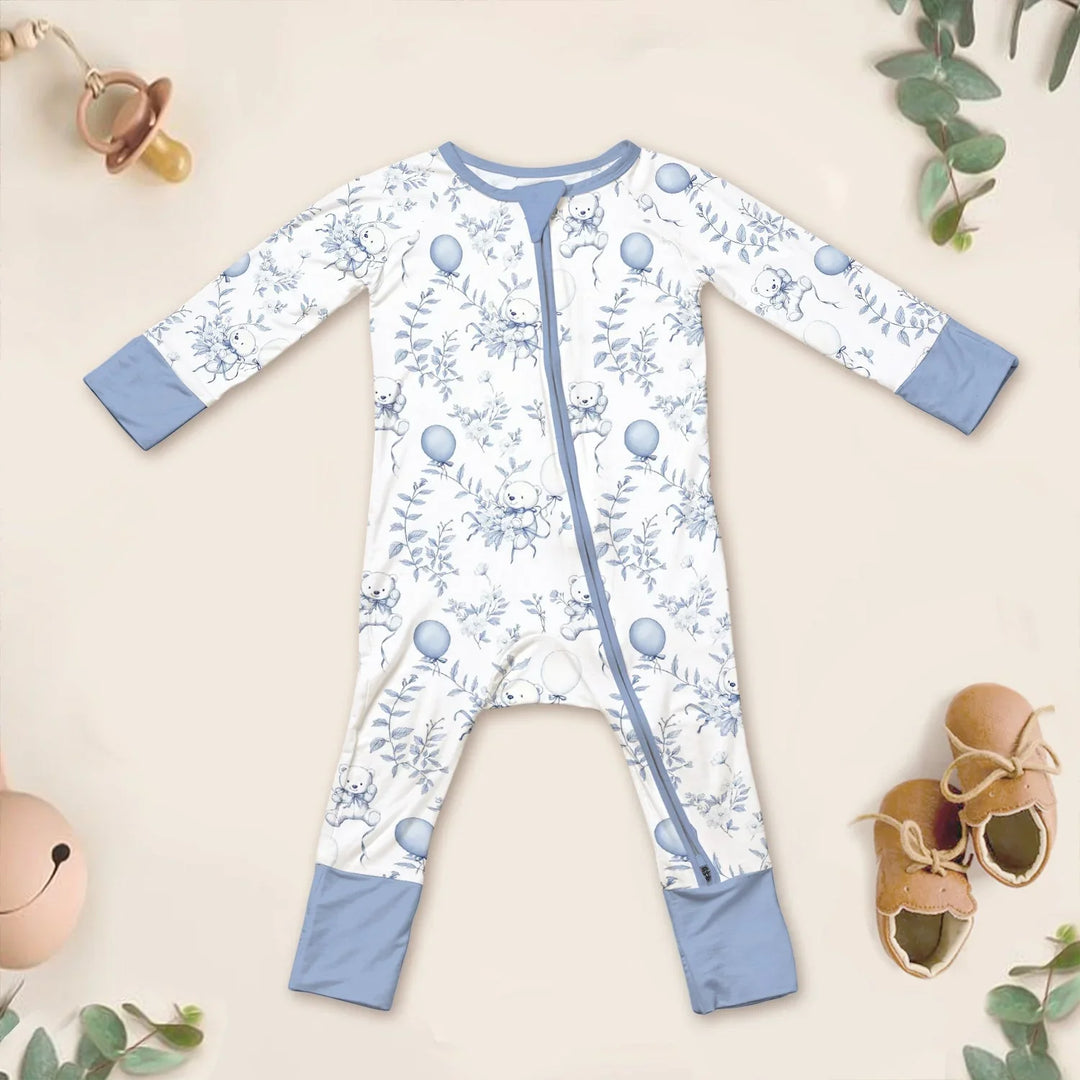 Blue Bear Toile de jouy Convertible Zippered Romper , Blue Bear Toile de jouy Convertible Zippered Romper - Newborn