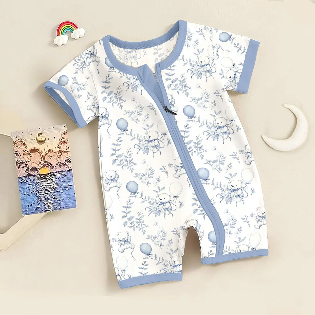 Blue Bear Toile de jouy Shorty Zippered Romper , Blue Bear Toile de jouy Shorty Zippered Romper - Newborn