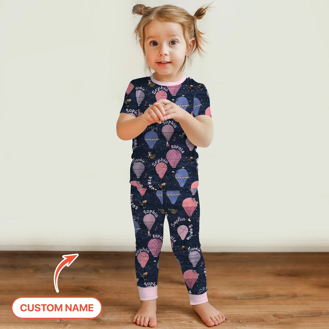 Custom Name Hot Air Balloon Pink Two Piece Short Sleeve Pajama Set , Custom Name Hot Air Balloon Pink Two Piece Short Sleeve Pajama Set - 12-18M