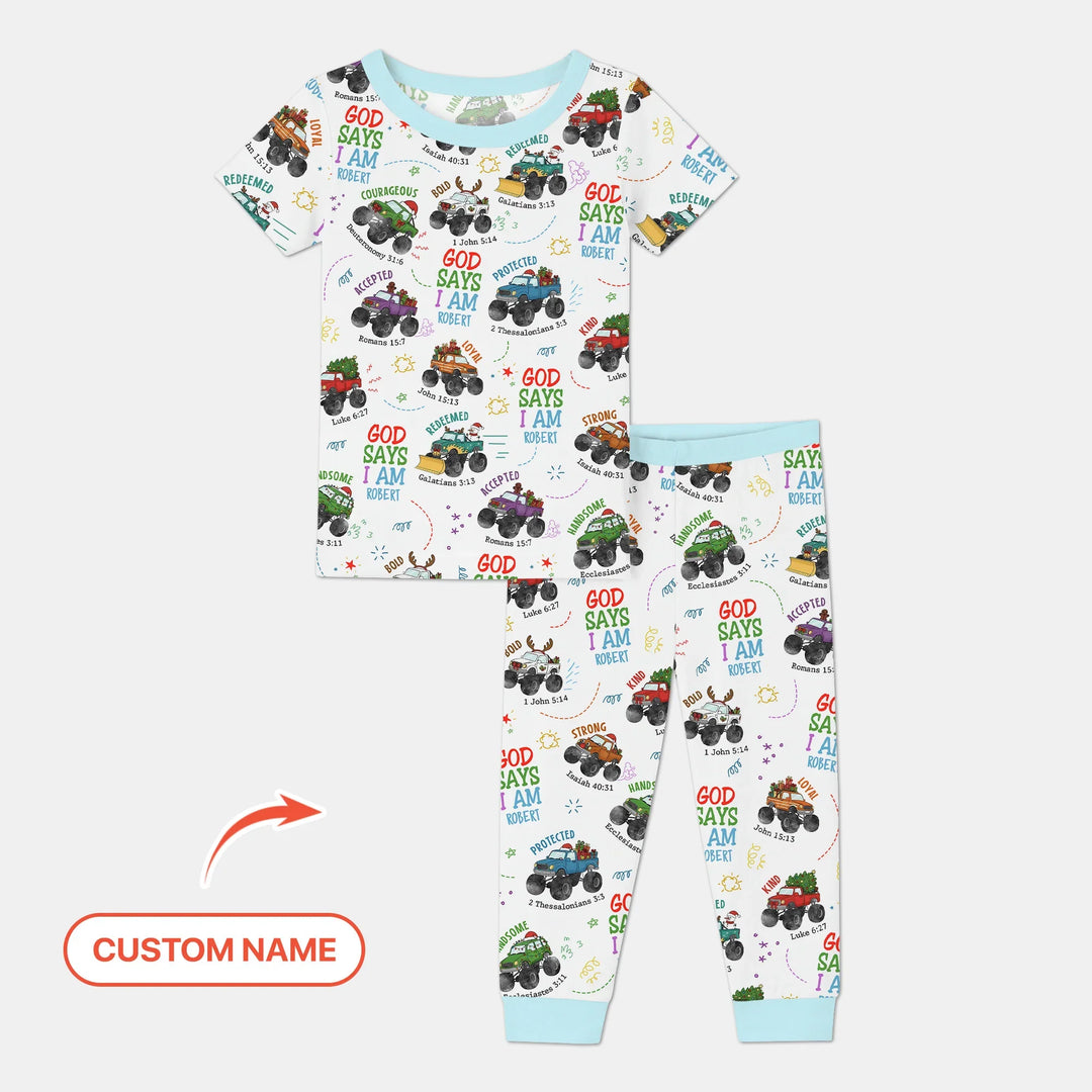 Personalized God Says I Am Christmas Monster Truck Two Piece Short Sleeve Pajama Set