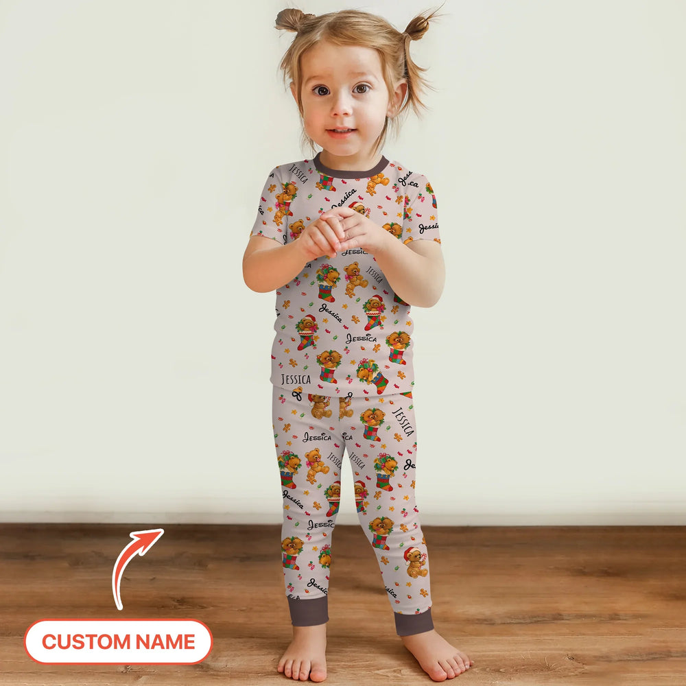 Teddy Bear Merry Christmas Custom Name Two Piece Short Sleeve Pajama Set , Teddy Bear Merry Christmas Custom Name Two Piece Short Sleeve Pajama Set - 12-18M