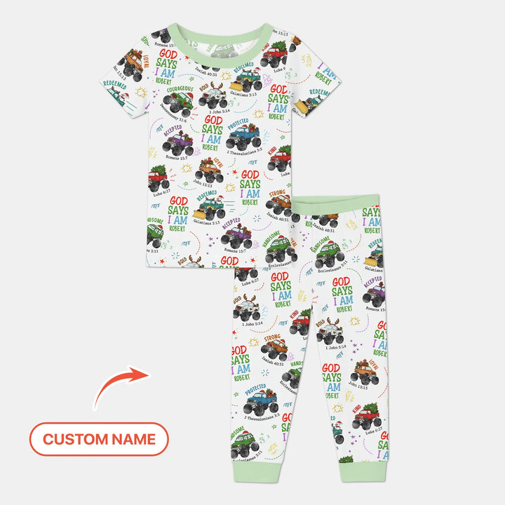 Personalized God Says I Am Christmas Monster Truck Two Piece Short Sleeve Pajama Set