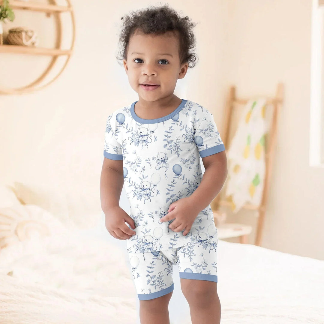 Blue Bear Toile de jouy Two Piece Short Sleeve Shorts Pajama Set , Blue Bear Toile de jouy Two Piece Short Sleeve Shorts Pajama Set - 12-18M