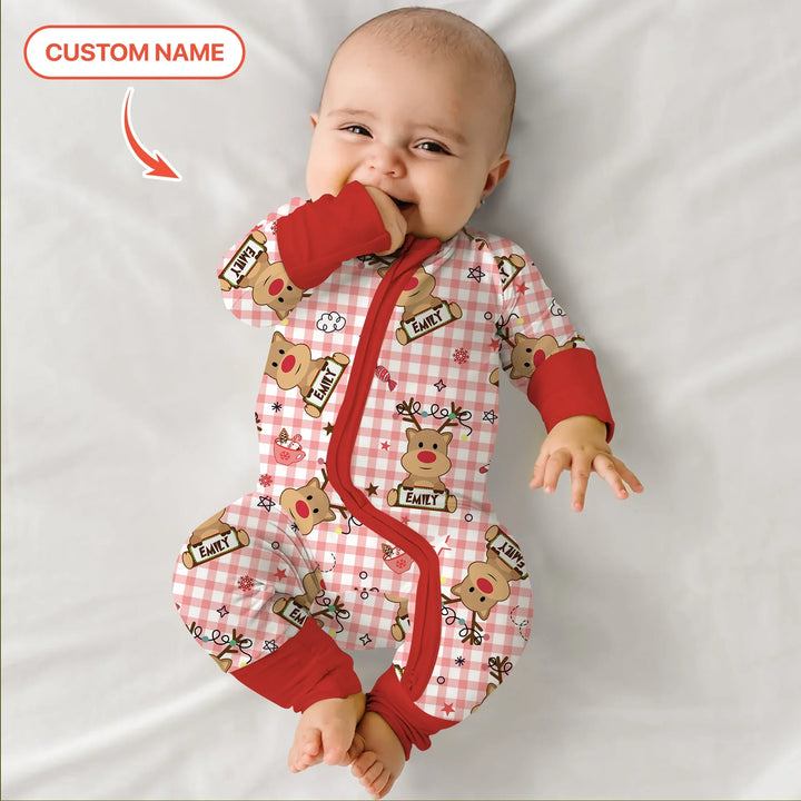 Custom Name Reindeer Gingham Convertible Zippy , Custom Name Reindeer Gingham Convertible Zippy - 0-3M