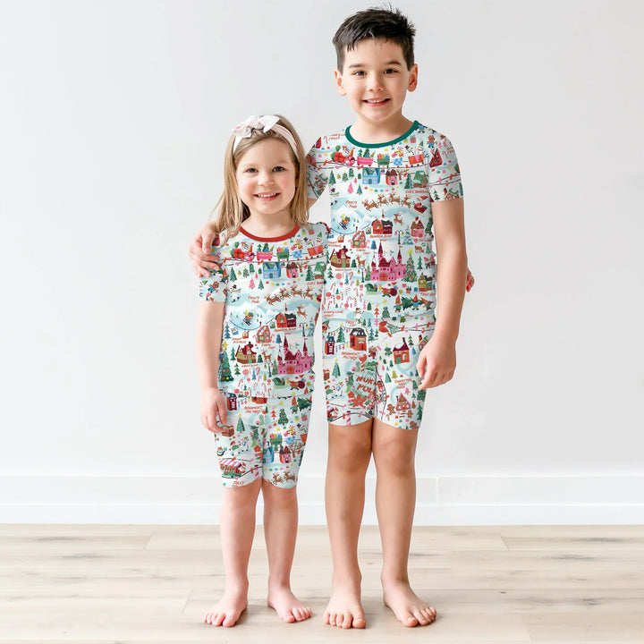 Santa's City Maps Two Piece Short Sleeve Shorts Pajama Set , Santa's City Maps Two Piece Short Sleeve Shorts Pajama Set - 12-18M / Green
