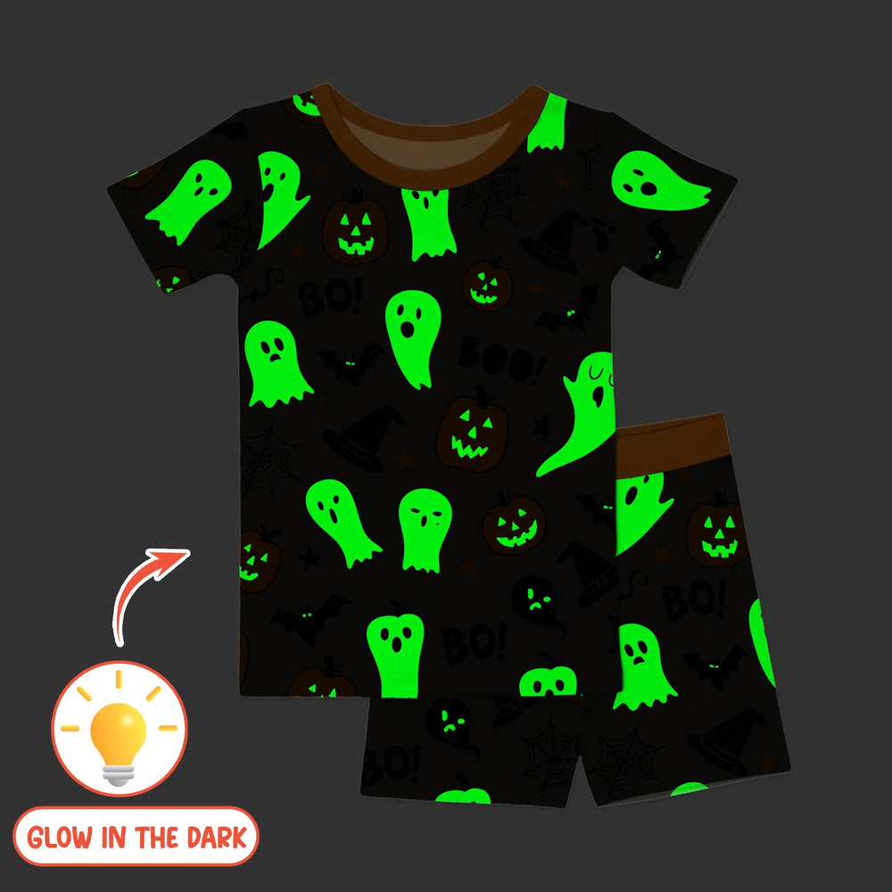 Halloween Boo & Pumpkin Glow In The Dark Two Piece Short Sleeve Shorts Pajama Set , Halloween Boo & Pumpkin Glow In The Dark Two Piece Short Sleeve Shorts Pajama Set - 12-18M