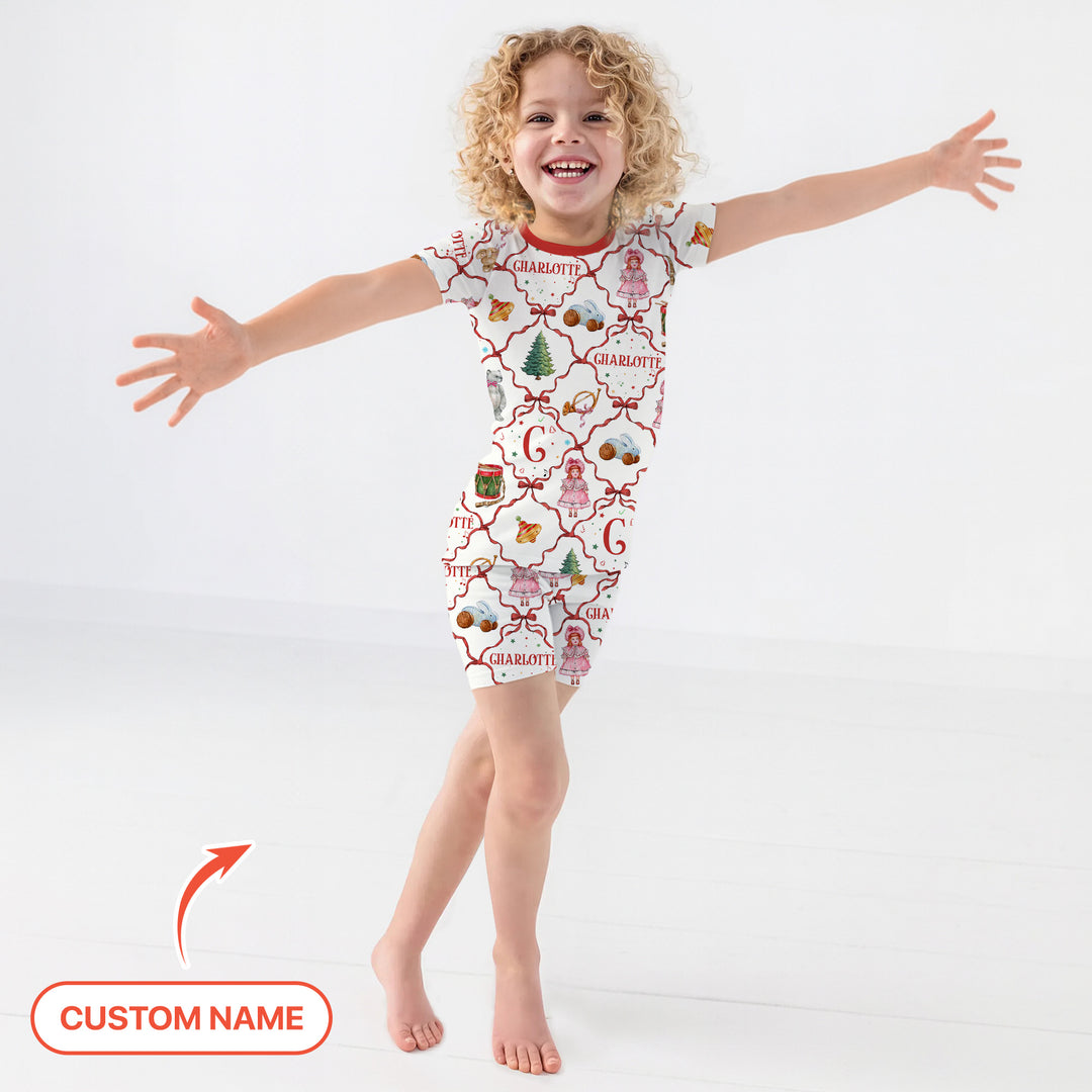 Vintage Christmas Toy Custom Name Girl Two Piece Short Sleeve Shorts Pajama Set , Vintage Christmas Toy Custom Name Girl Two Piece Short Sleeve Shorts Pajama Set - 12-18M
