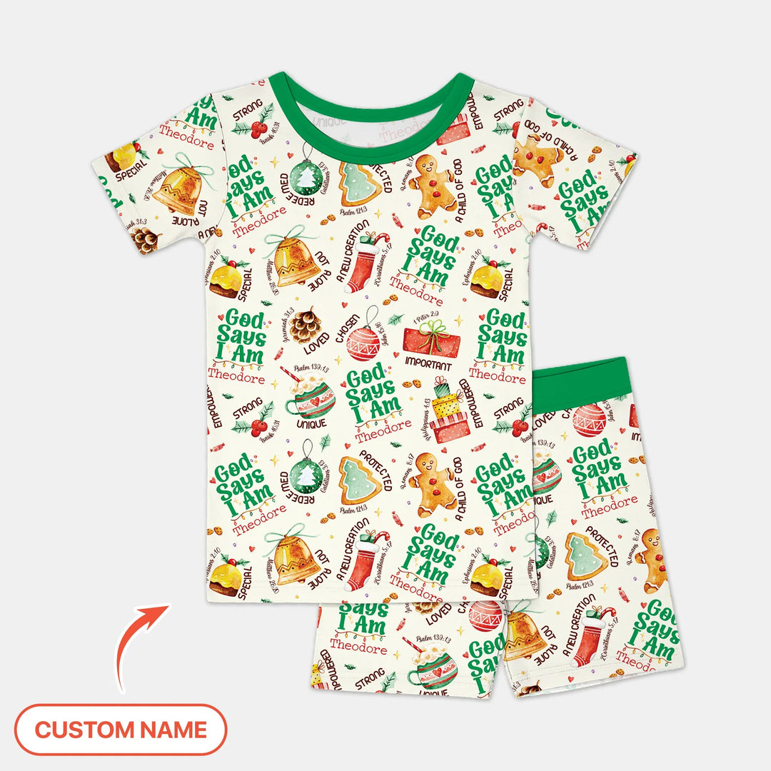 God Says I Am Custom Name Joyful Christmas Two Piece Short Sleeve Shorts Pajama Set , God Says I Am Custom Name Joyful Christmas Two Piece Short Sleeve Shorts Pajama Set - 12-18M