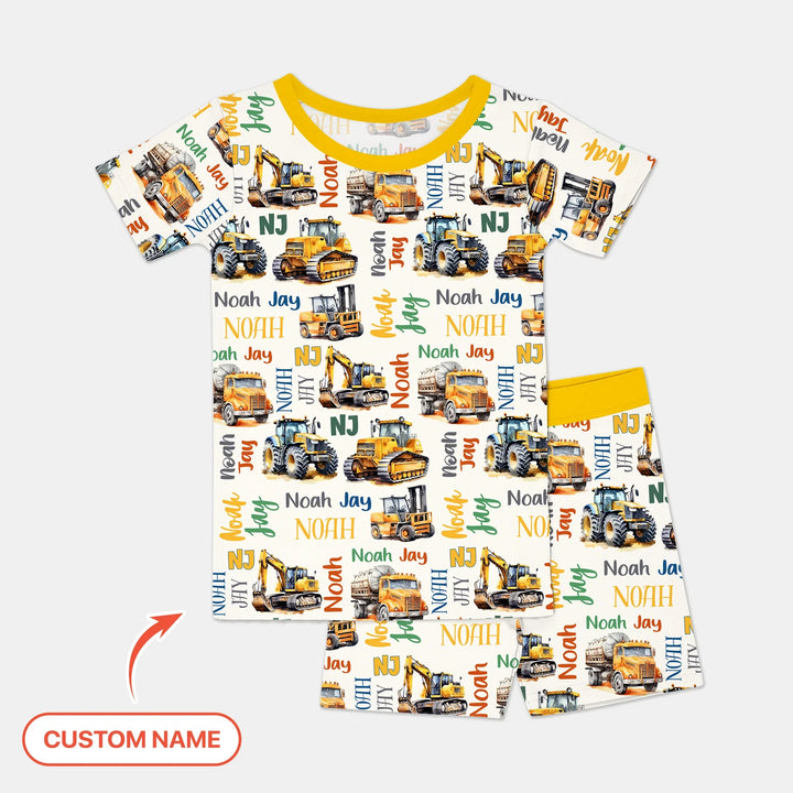 Custom Name Construction Trucks Two Piece Short Sleeve Shorts Pajama Set , Custom Name Construction Trucks Two Piece Short Sleeve Shorts Pajama Set - 12-18M
