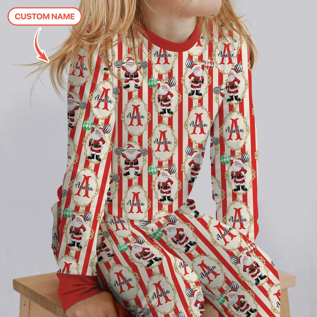 Custom Name Santa Stripes Two Piece Long Sleeve Pajama Set