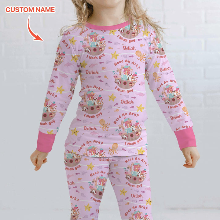 Noah’s Ark Custom Name Girl Two Piece Long Sleeve Pajama Set , Noah’s Ark Custom Name Girl Two Piece Long Sleeve Pajama Set - 12-18M