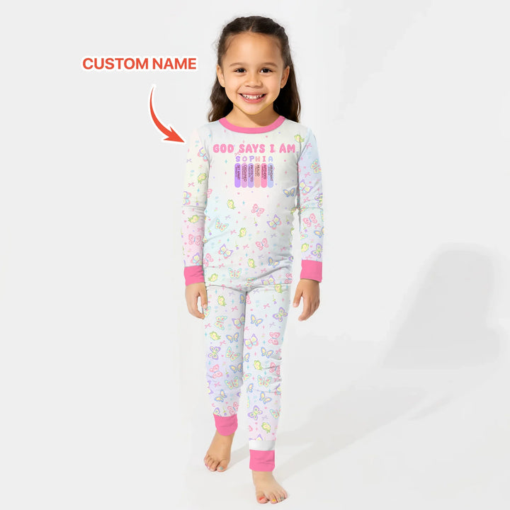 Personalized Butterfly Blessings God Says I Am Two Piece Long Sleeve Pajama Set , Personalized Butterfly Blessings God Says I Am Two Piece Long Sleeve Pajama Set - 12-18M