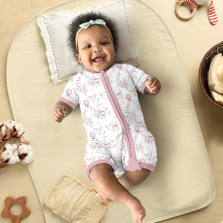 Pink Bear Toile de jouy Shorty Zippered Romper , Pink Bear Toile de jouy Shorty Zippered Romper - Newborn