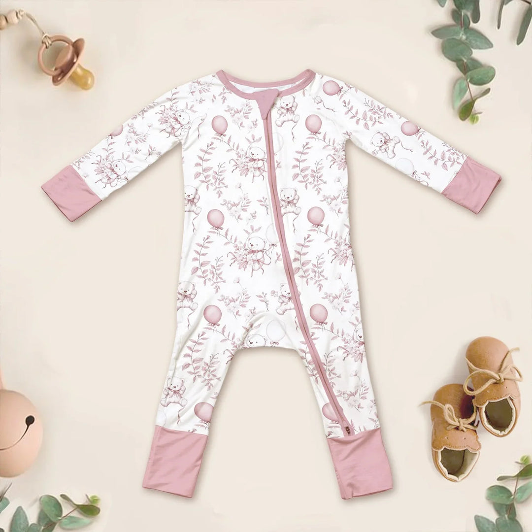 Pink Bear Toile de jouy Convertible Zippered Romper , Pink Bear Toile de jouy Convertible Zippered Romper - Newborn