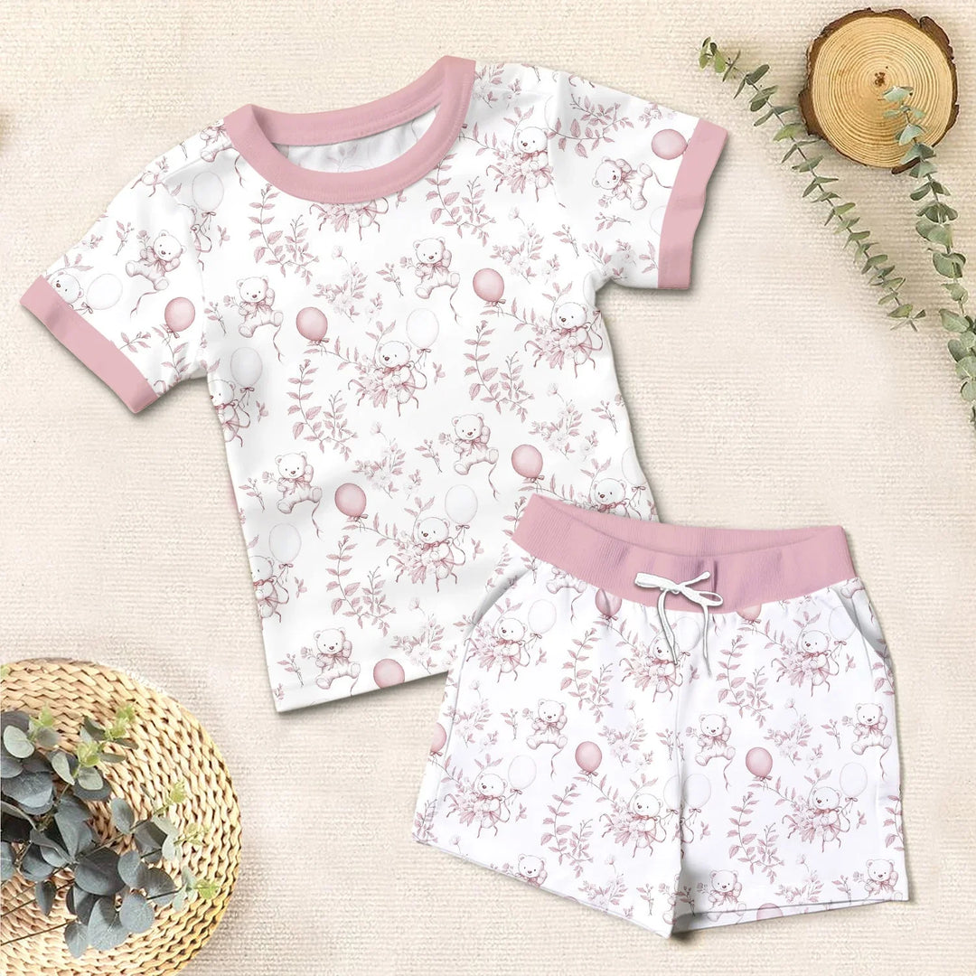 Pink Bear Toile de jouy Two Piece Short Sleeve Shorts Pajama Set , Pink Bear Toile de jouy Two Piece Short Sleeve Shorts Pajama Set - 12-18M