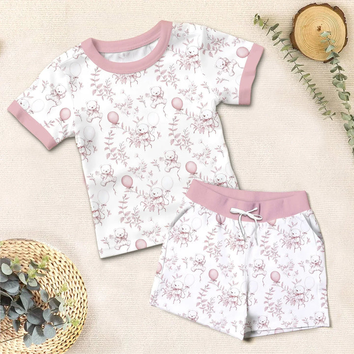 Pink Bear Toile de jouy Two Piece Short Sleeve Shorts Pajama Set , Pink Bear Toile de jouy Two Piece Short Sleeve Shorts Pajama Set - 12-18M